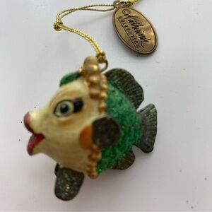 Katherine Collections Green Fish Ornament Big red lips green glittery festive